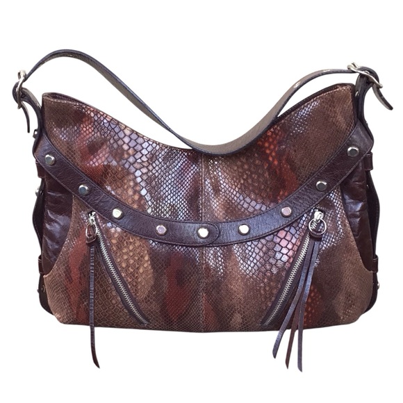 Pietro Alessandro Snakeskin Embossed Leather Studded Hobo Shoulder Bag - Picture 2 of 15
